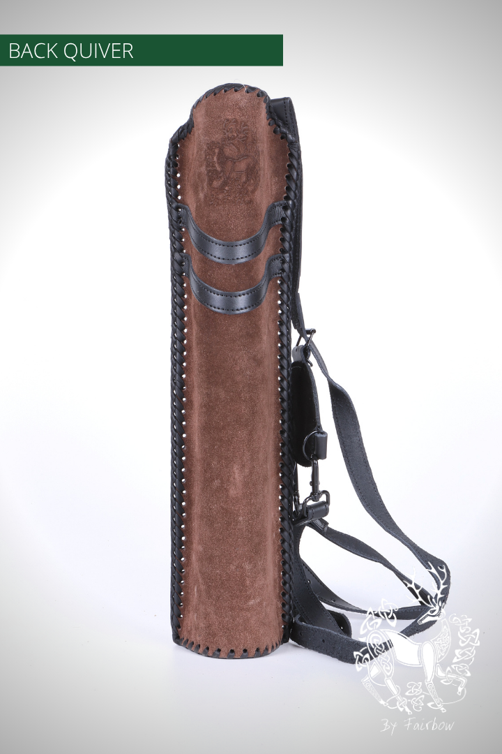 BACKQUIVER, BLACK BROWN WITH MEDIEVAL DESIGN AND ADJ. STRAPS-Quiver-Fairbow-Fairbow