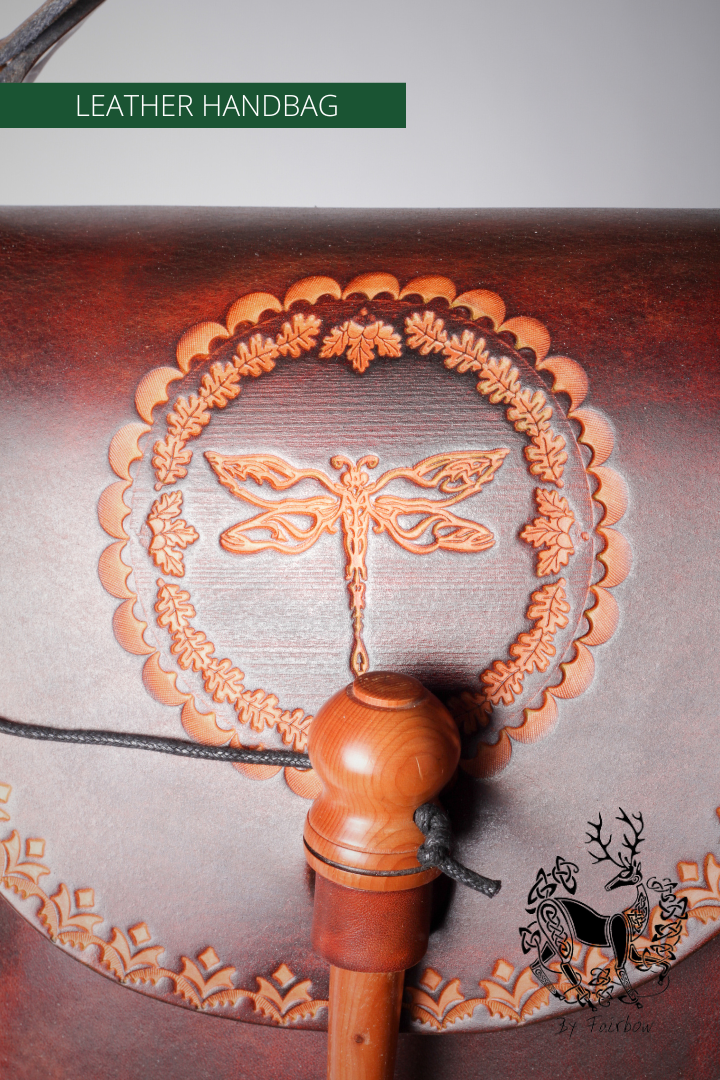 HANDCARVED LEATHER BAG WITH CELTIC DESIGN (Dragonfly)-Bag-Fairbow-Fairbow