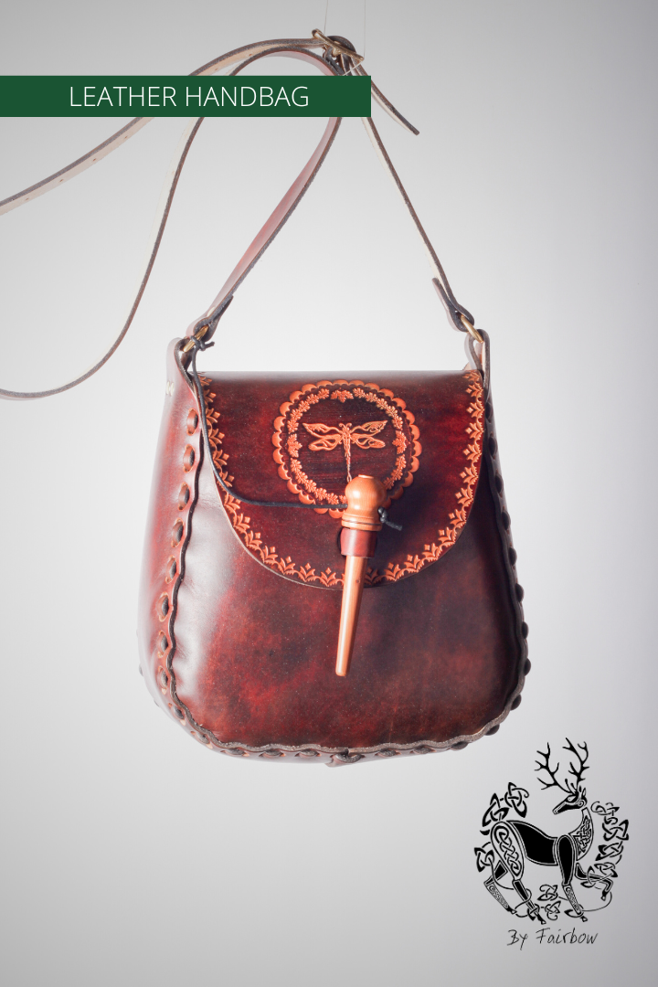 HANDCARVED LEATHER BAG WITH CELTIC DESIGN (Dragonfly)-Bag-Fairbow-Fairbow