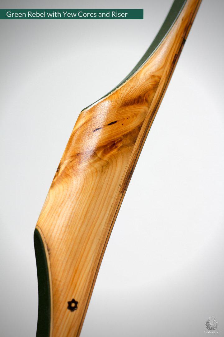THE REBEL, BOW WITH BACKSET 35@28 GREEN GLASS, YEW CORES AND RISER-Bow-Fairbow-Fairbow