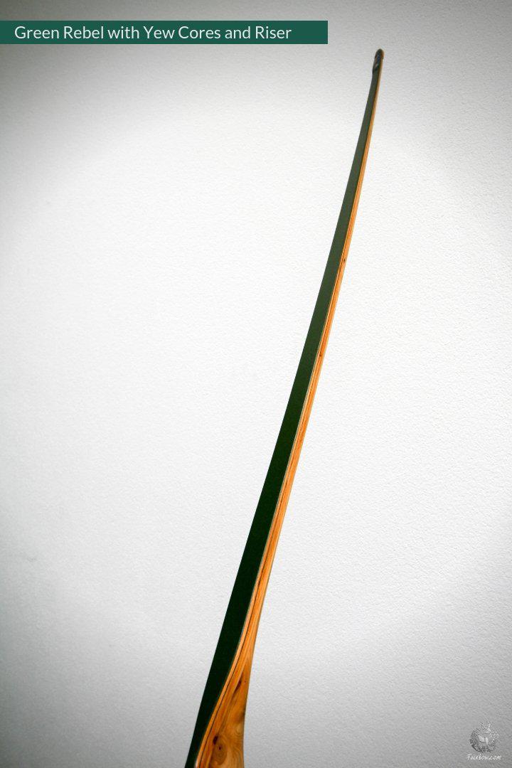 THE REBEL, BOW WITH BACKSET 35@28 GREEN GLASS, YEW CORES AND RISER-Bow-Fairbow-Fairbow