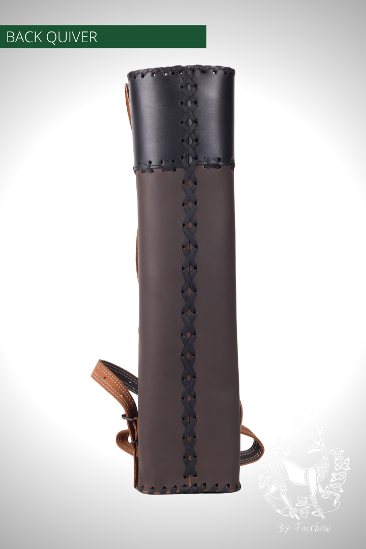 BACKQUIVER, BLACK BROWN WITH MEDIEVAL DESIGN AND ADJ. STRAPS-Quiver-Fairbow-Fairbow