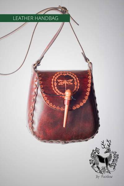 HANDCARVED LEATHER BAG WITH CELTIC DESIGN (Dragonfly) – Fairbow